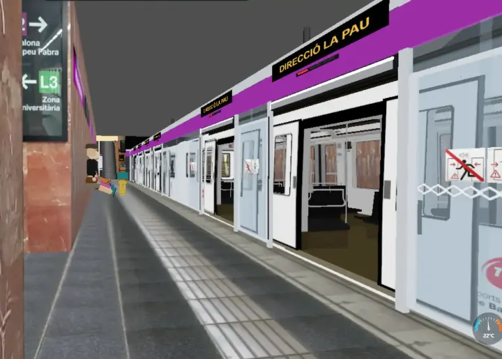 Platform screen doors at Paral·lel, line L2 of the Barcelona metro simulator, towards La Pau