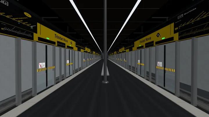 Andén de Trinitat Nova en la L4 del simulador de metro de Barcelona MetroSim, cabecera hacia La Pau