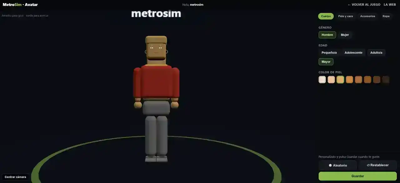 Editor d’avatar de MetroSim, amb cos, roba i color de pell